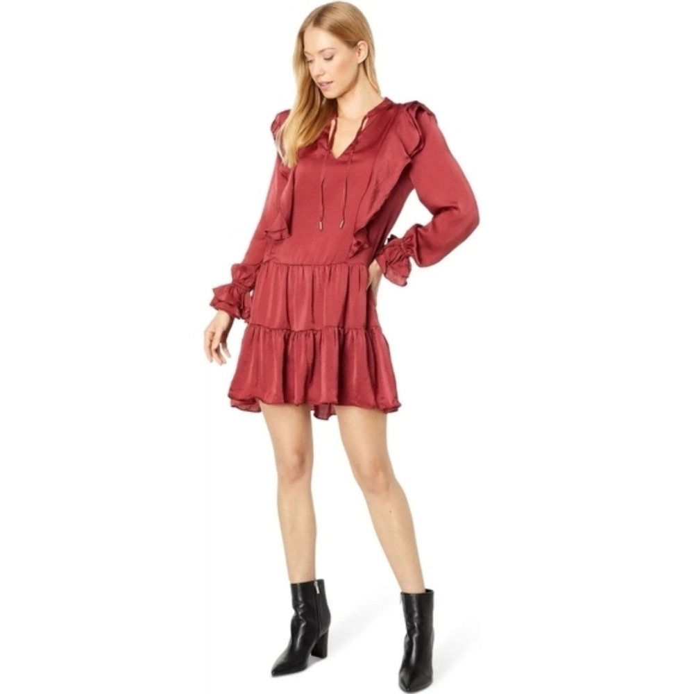 Bishop + Young Finley dark red satin ruffle dress size large